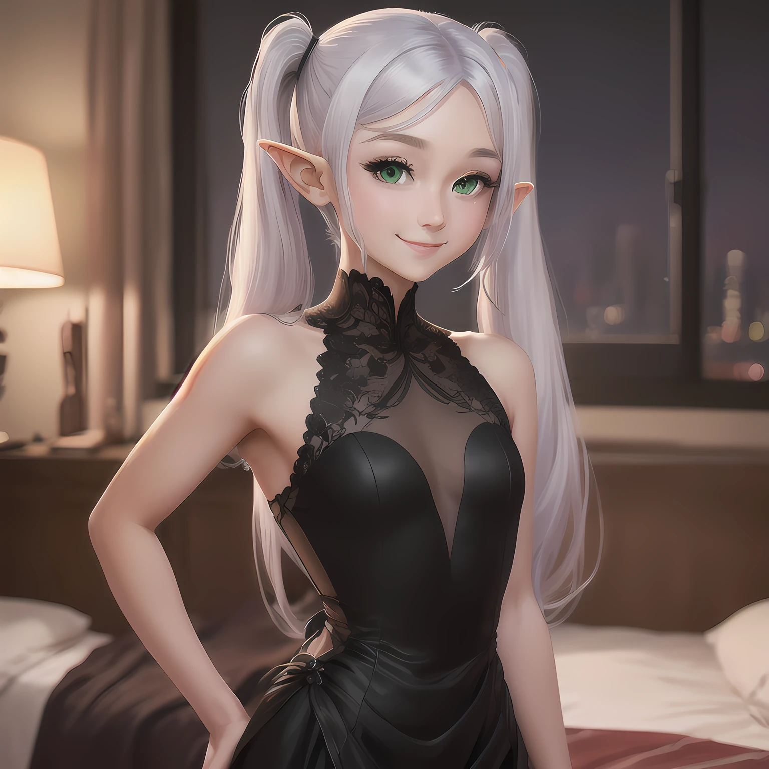 <lora:frieren-000010:0.7>
frieren,elf,twintails,white hair,green eyes,parted bangs,eyebows,black formal dress,masterpiece,best quality,ultra-detailed,night,smile,(1girl:1.1),bedroom,small breasts,upper body