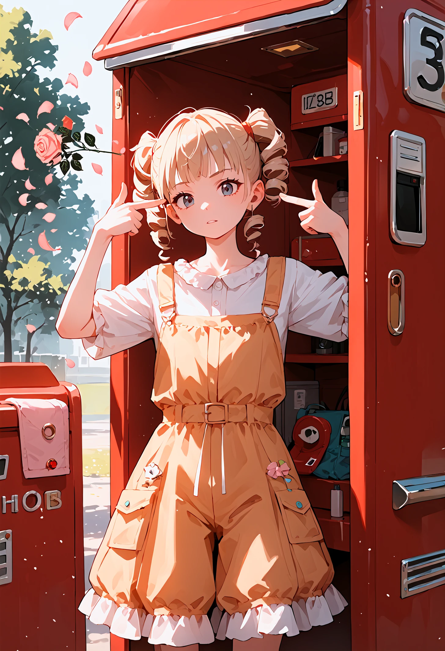 score_9,score_8_up,score_7_up,source_anime,1girl,solo,drill hair,fur-trimmed_skirt,romper,looking at viewer,pale color,cut-in,phone booth,
<lora:boom finger gun_pony_bx-v1.04:1>,finger gun,rose,petals,