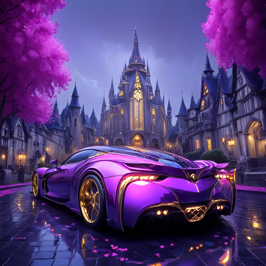 <lora:NeonFantasySDXL:1> ArsFriends, The image is a digital illustration of a futuristic sports car parked on a cobblestone street in front of a castle. The car is a purple sports car with gold accents and has a sleek and aerodynamic design. It has a large front grille and a curved roofline with a large spoiler on the back. The street is lined with trees with pink flowers on either side and there are buildings with ornate architectural details on both sides. In the background there is a large cathedral with a tall spire and a clock tower. The sky is dark and cloudy and the overall mood of the image is mysterious and magical., ground vehicle, car, motor vehicle, no humans, vehicle focus, moon, night, sky, outdoors, tree