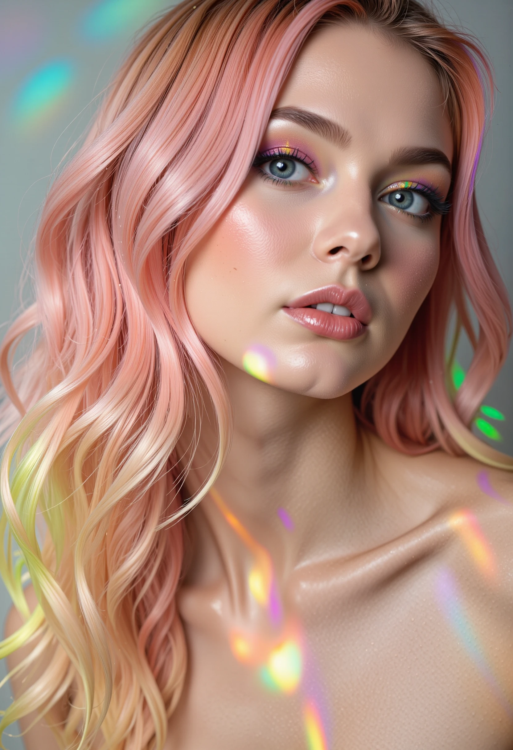 An ultra-detailed close-up portrait of a woman with luminous pastel rainbow hair cascading in soft waves. Her skin is flawless, with a radiant glow that catches a prism of light reflecting a rainbow across her collarbone and face. Her eyes, wide and expressive, have multicolored iridescent eyeshadow, and her lips are a soft, natural pink. The lighting softly wraps around her, creating a serene and dreamlike atmosphere with subtle shadows.