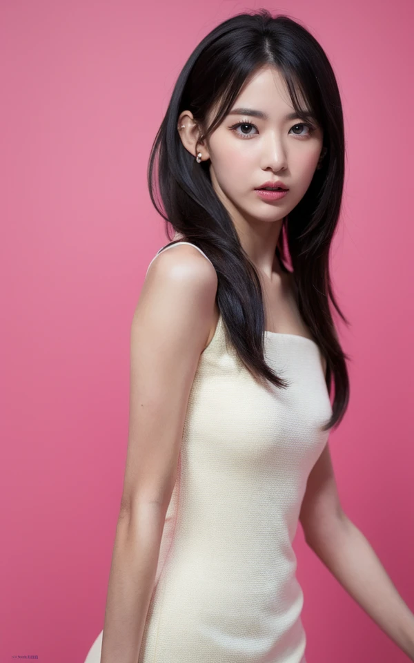 <lora:Sakura_V1:1> $@kur@,, , (realistic), (hyperrealism), (photorealistic:1.4), 1girl, black hair, dress, hair ornament, lips, looking at viewer, makeup, pink background, realistic, ribbon, sleeveless, solo, standing, white dress