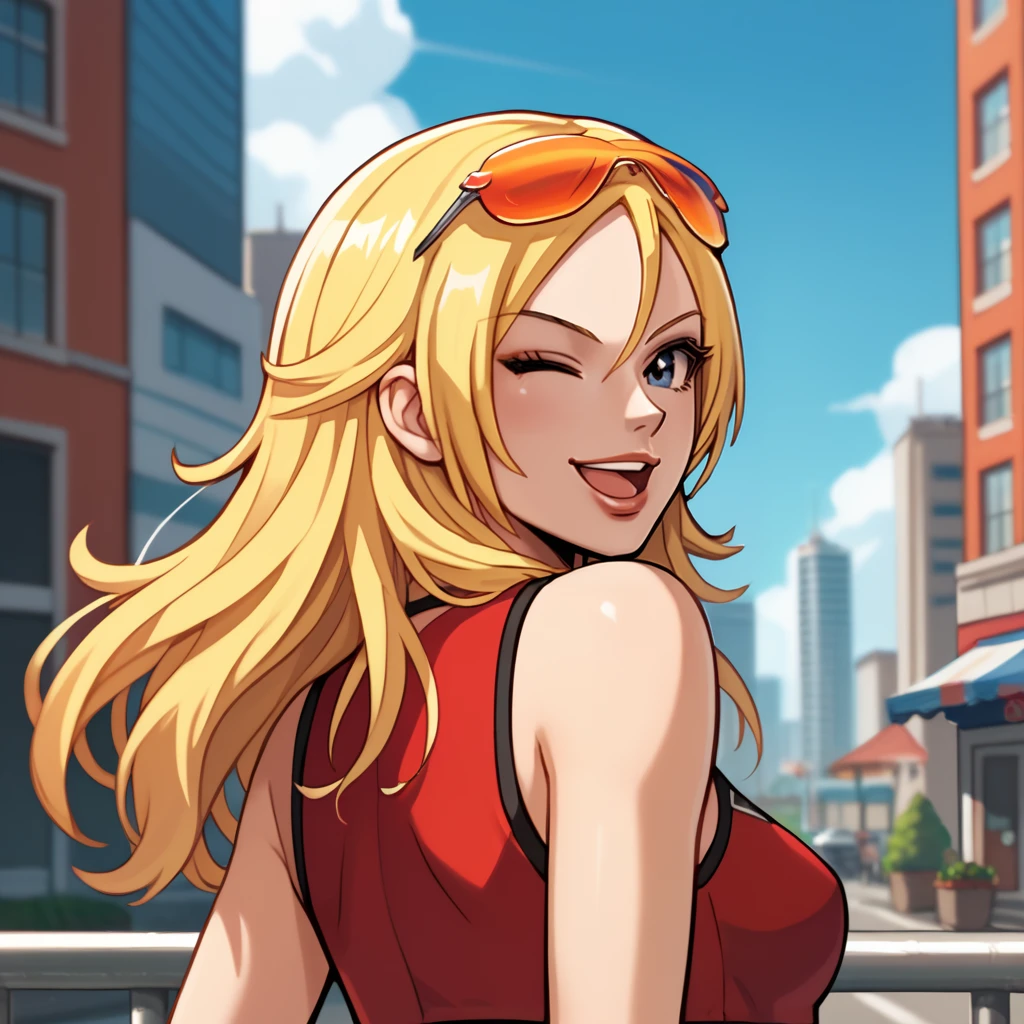 score_9, score_8_up, score_7_up, 1girl, solo, uncensored, agentstarr, smile, open mouth, from behind, upper body, looking back, one eye closed, wink, long blonde hair, eyewear on head, orange sunglasses, red sleeveless, crop top, outdoors, city, modern, street <lora:AgentStarrXL_v1.0:1>