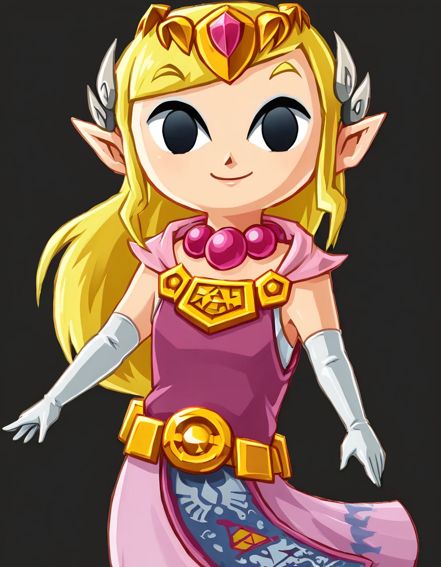 <lora:ToonZelda1.5:1> ToonZelda, 2d, 1girl, solo, blonde hair, long hair, pointy ears, elbow gloves, tiara, hair ornament, pink dress, smile, belt, pearl necklace, capelet, black background, tabard, black eyes,smile,simple background,looking at viewer,