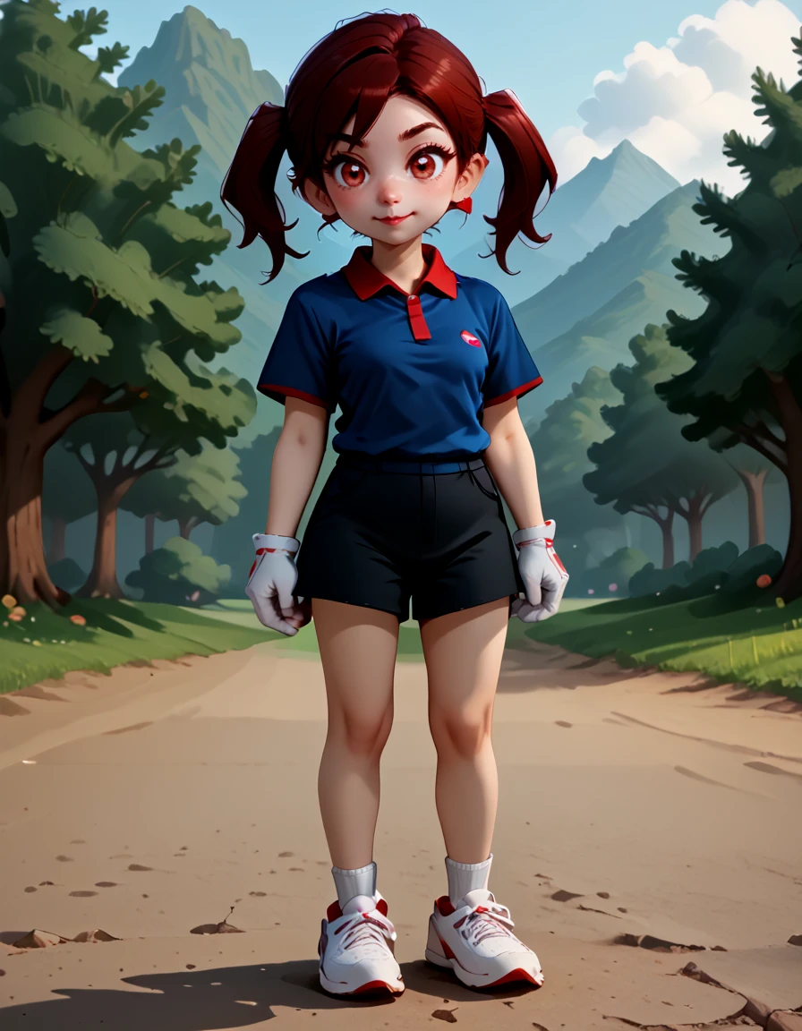 <lora:Plum V3 Pony:1> plum (mario golf 64), 3d, low poly, plum, 1girl, solo, brown hair, pigtails, green eyes, dark blue shirt, red collar, red cuffs, white gloves, black shorts, bare legs, socks, red and white sneakers, white sneakers, full body, smile, no background, source_cartoon, score_9, score_8_up, score_7_up, score_6_up, score_5_up, score_4_up,