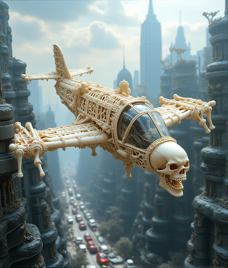 mechbone,a bone-made aircraft,which is floating on city