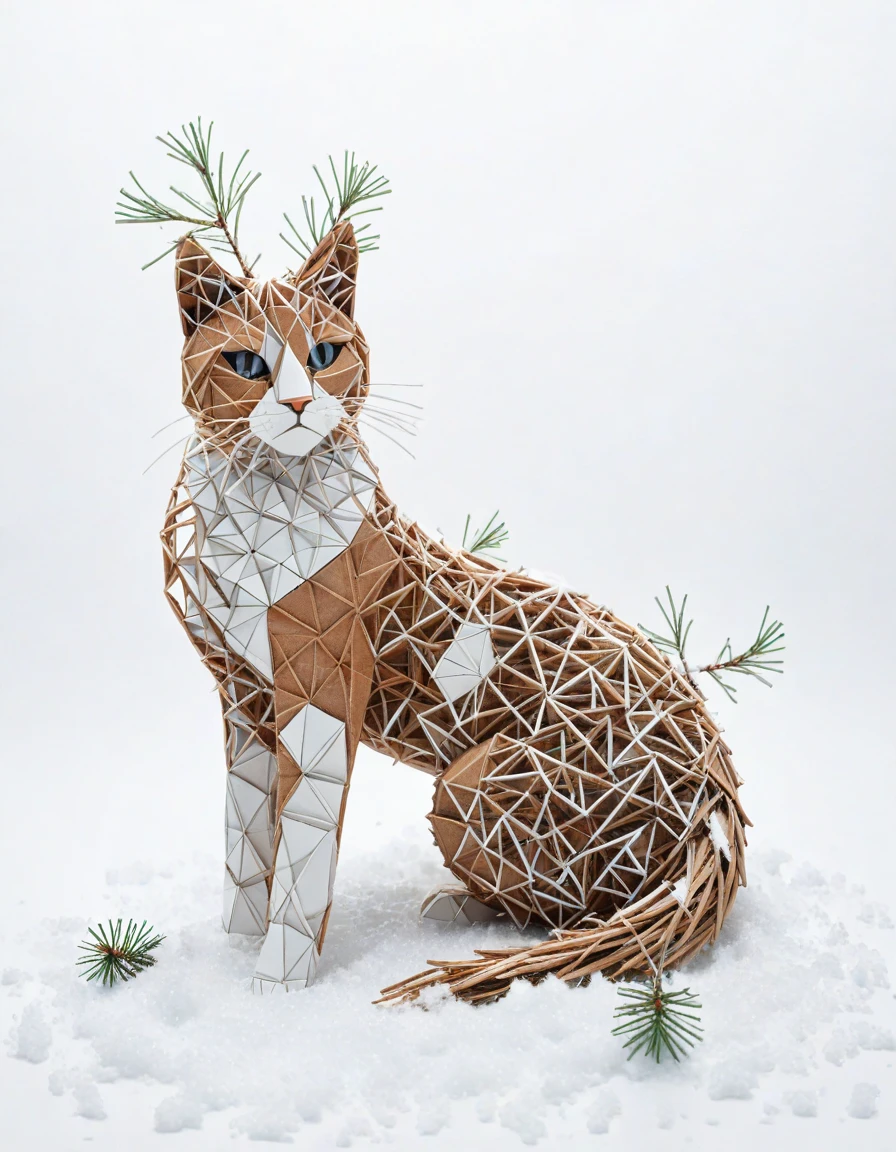 nature-inspired mixed media artwork resembling a cat, pine needles and twigs forming the body and legs, snow on white background, geometric arrangement, japanese-inspired aesthetic, realistic detail, simplistic and minimalistic, snow adds textural contrast, created by maico akiba, masterpiece