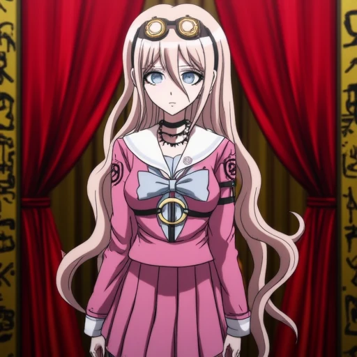 This is an anime screencap from Danganronpa 3. It features a full body shot of Miu Iruma. Behind her are two red curtains tied back. The curtains are behind a set of gold panels covered in strange symbols. Miu Iruma is wearing her uniform from Danganronpa V3. She's wearing a modified, long-sleeved, dark pink seifuku uniform with a white sailor collar and sleeve cuffs, both striped with a single faded pale blue line, a faded pale blue bow tied at her collar, and a black crest printed at the shoulders of her sleeves. She's also wearing a short, dark pink pleated skirt the same color as her uniform, vertically striped off-white knee-high socks, and black heeled boots accented with gold buckles, studs, and buttons. Her hair is long and strawberry blonde and flows in waves, styled with two short locks of hair sticking up at the top of her head, sweeping to her right. Her bangs are long and wispy, swept somewhat to her left. She's wearing brown goggles with gold accents, a black choker, two rubber collars that resemble barbed wire, black fingerless gloves studded with silver, black straps connected with gold studs wrapping her left upper arm, and black straps studded with gold linked with gold rings around her torso and legs. Miu Iruma is standing with her hands to the right of the image. Her left hand is in a thumbs up while her right hand is resting on her hip. Her mouth is open and she appears to be speaking and gesturing with a playful expression.