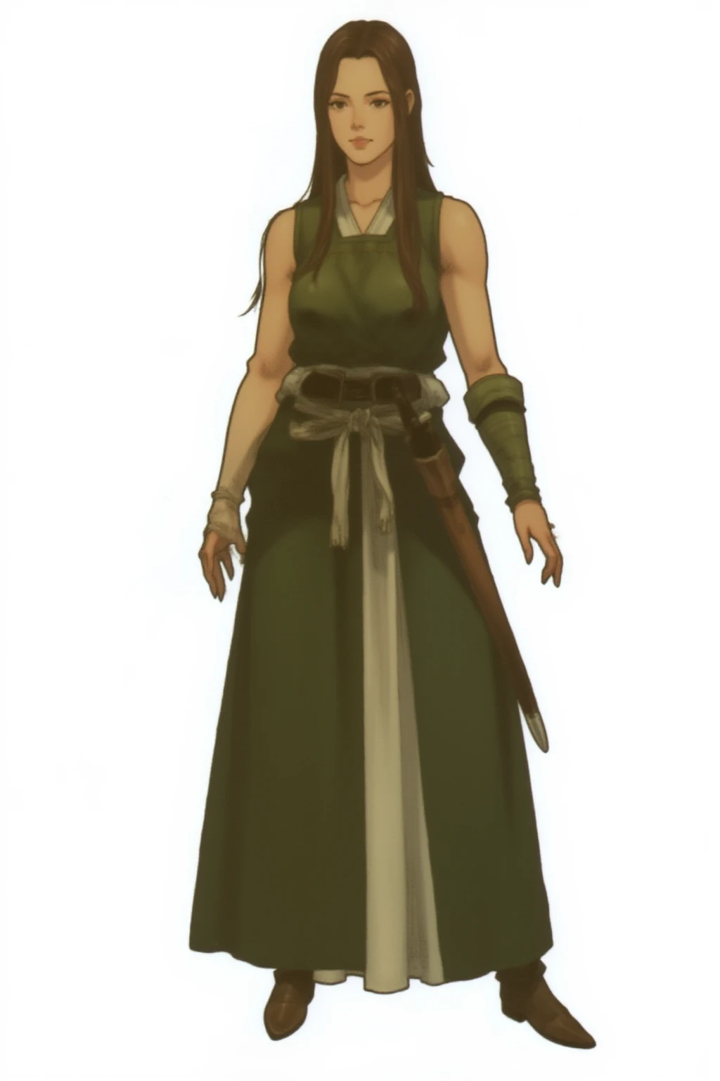 full body medieval fantasy character of a woman,  simple background, white background,  an Asian woman with fair skin and long, straight, dark brown hair. She has a symmetrical face with delicate features, including a small nose, full lips with a natural pink hue, and slightly arched eyebrows. Her eyes are almond-shaped and dark, brown eyes, with a subtle hint of makeup, enhancing their natural beauty.       a female human monk is dressed in a dark green sleeveless vest over a white, sleeveless tunic,  The tunic is tied at the waist with a green bandage belt wrapped around the waist,  and the vest has a series of white, tassel-like adornments along the edges, The creature's lower body is wrapped in a dark green cloth, secured with a green bandage belt,  and natural green leggings under the cloth, Green wraps are also tied around the warriorâs feet, giving the impression of bandaged boots.  The characterâs hands are adorned with similar green wraps bandage elbow-length gloves,