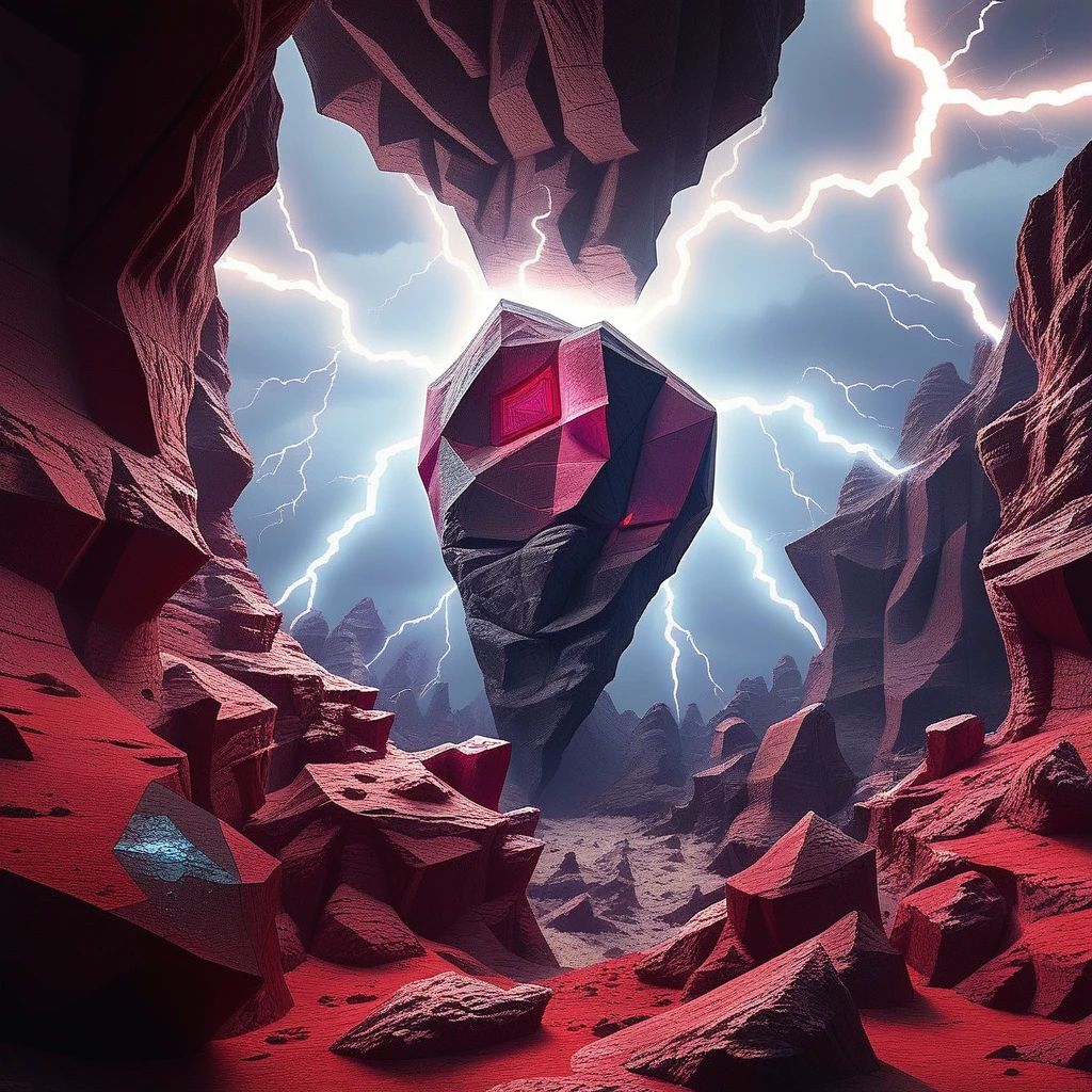 interior, otherworldly landscape. The scene is set within a rocky, which appears to be in a forest setting., robotic appearance., featuring a dramatic, dominates the center of the scene. It features pointed arches, jagged rock formation with multiple waterfalls cascading down its face. The rock structure is a striking reddish-pink hue, lightning, underwater, uneven ground, reddish-brown blocks, blending seamlessly into each other., blue sky, creating a striking contrast against the bright, crystal-clear, with vibrant