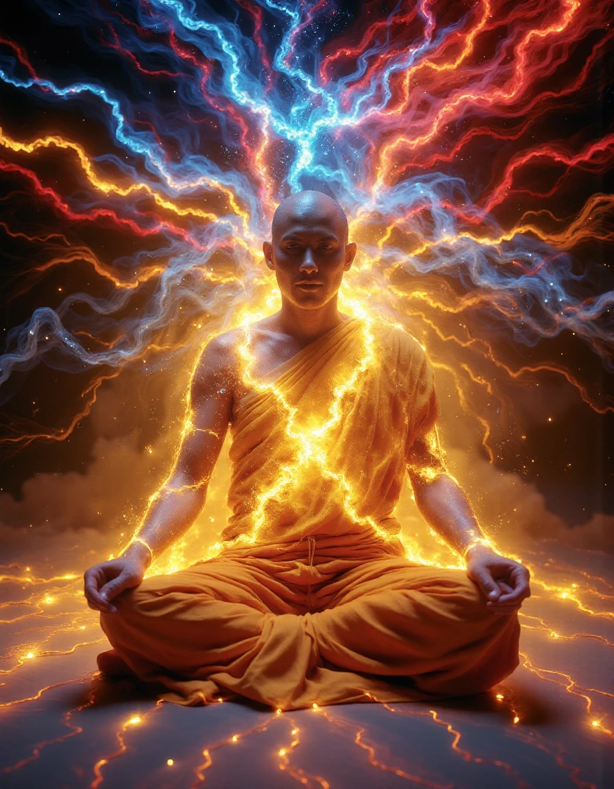 <lora:aura_captioned_flux-000015:1>,Professional studio portrait of a meditating monk sitting in a lotus position, surrounded by an extreme, photorealistic aura that radiates intense energy. The aura bursts outward in vivid, pulsating waves of vibrant colorsâgolden, blue, and crimsonâcreating a powerful, almost otherworldly effect. His calm expression contrasts with the explosive energy around him, his orange robes gently illuminated by the radiant light. The background is dark and minimalistic, emphasizing the dynamic and intense aura, giving the scene a sense of serene power and transcendence, in Vogue magazine, fashion shoot, editorial style.