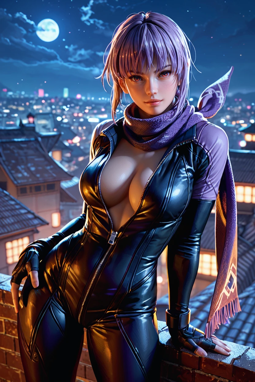 <lora:doa_ayane:0.9> ayane, black skinsuit, purple ninja scarf, cleavage, unzipped, night, rooftop, score_9, score_8_up, score_7_up, zPDXL3