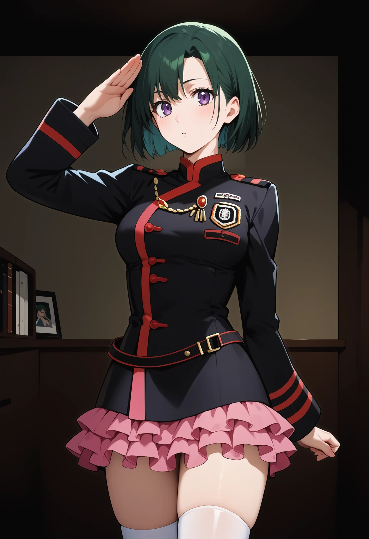 score_9, score_8_up, score_7_up, score_6_up, score_5_up, score_4_up, source_anime, cclee, short hair, green hair, black hair, purple eyes, medium breasts, aiguillette, military jacket, black jacket, long sleeves, layered skirt, miniskirt, pink skirt, white thighhighs, <lora:lenalee_lee_ponyxl_v1:0.9>, indoors, standing, cowboy shot, salute,