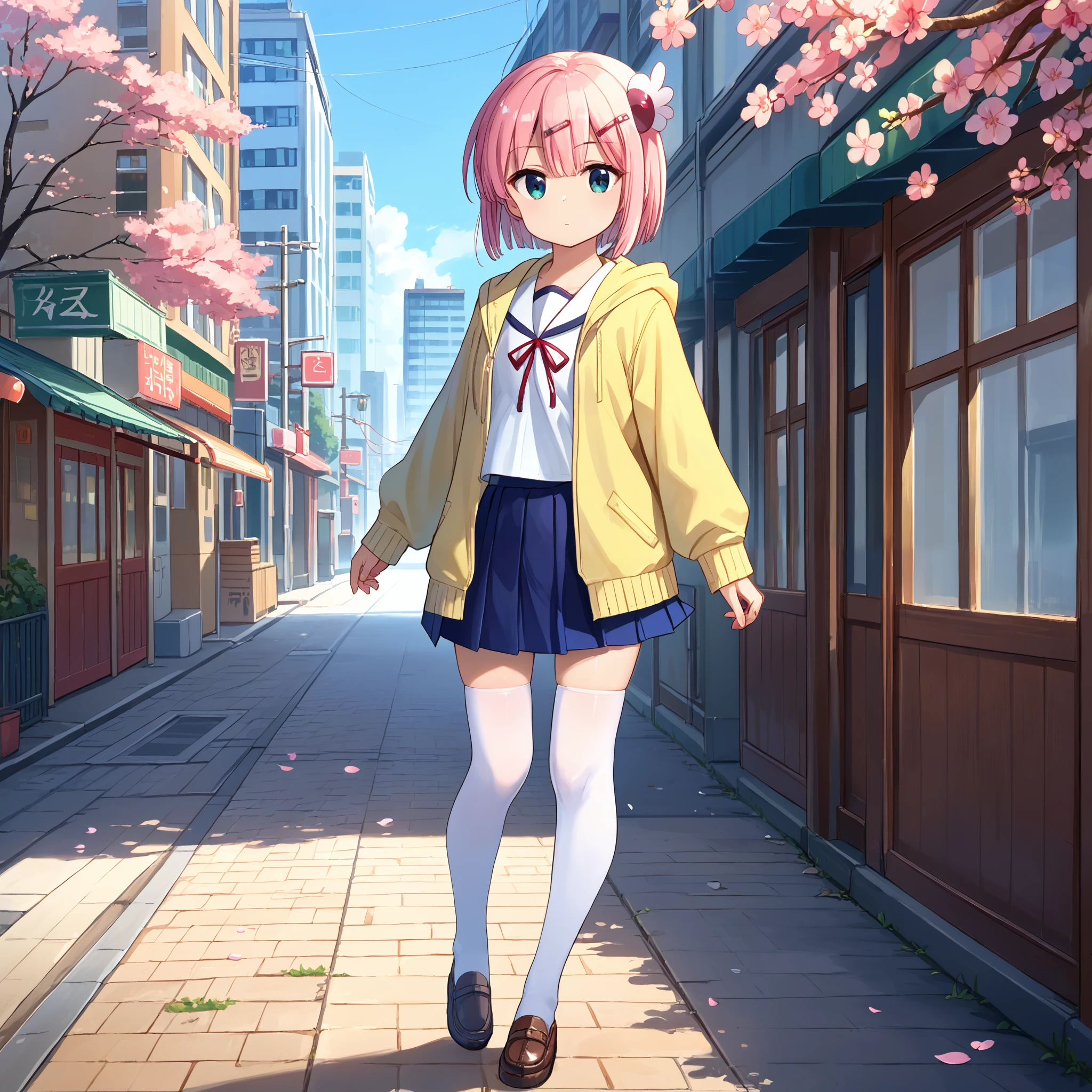 score_9, score_8_up, score_7_up, score_6_up, score_5_up, score_4_up, BREAK source_anime, look at viewer, rating_safe, 1girl, solo, city, cherry blossom, full body, standing, masterpiece, best quality, high detailed skin,    chiyoda momo, blue eyes, pink hair, short hair, momo school, hair ornament, hairclip, school uniform, white sailor collar, yellow hoodie, hooded jacket, open jacket, serafuku, neck ribbon, blue skirt, pleated skirt, white thighhighs,