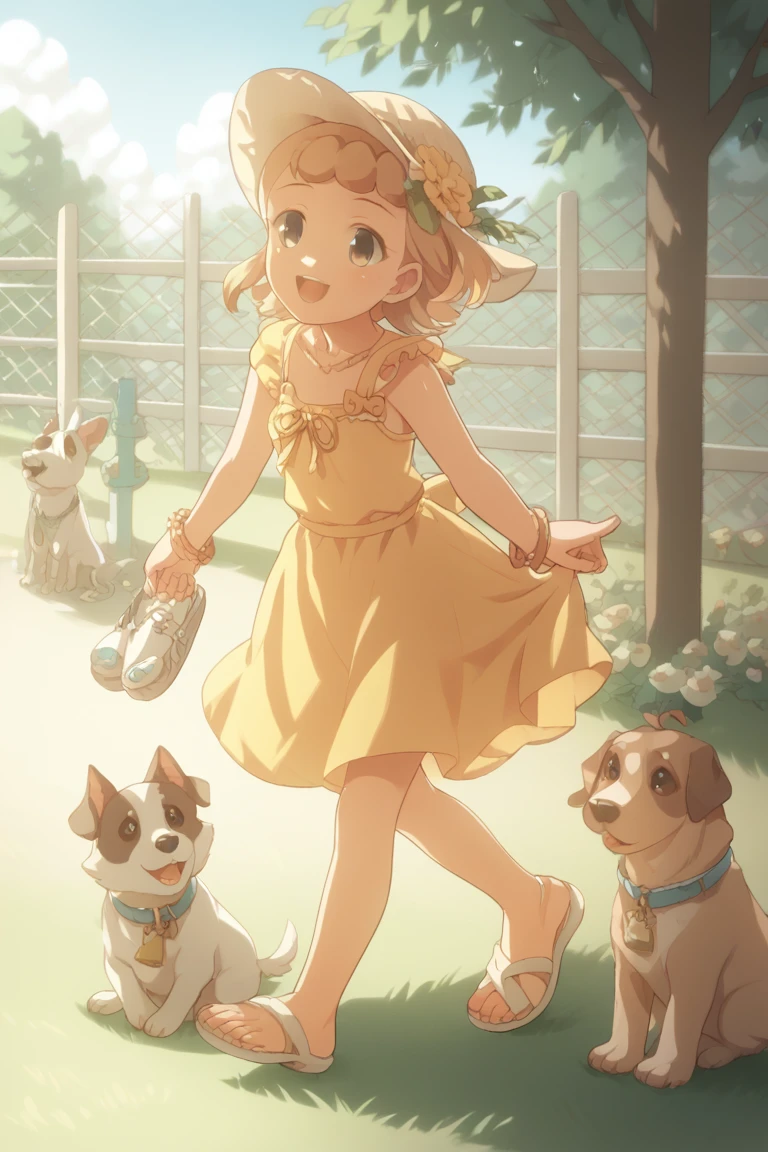 score_9,score_8,score_7, porochaStyle, 1girl, yellow sundress, white sandals, puppy, playing, backyard, happy, green grass, white picket fence, dog, 
