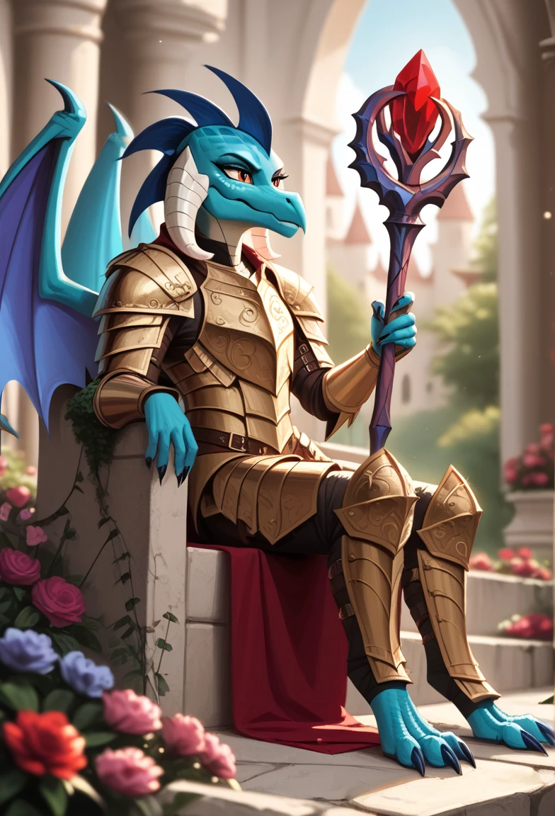 BREAK, hetero, interspecies, intricate details, high intricate details,
 <lora:Princess_Ember_My_Little_Pony-000004:1>embermlp, anthro dragon, blue_skin,  armor,  sitting on throne,  wielding_staff,  castle, <lora:Pony_QualityV4.0:1.12> zPDXLxxx, zPDXLrl, zPDXL3, <lora:Bing-based_FurScale_Enhancer:0.6>