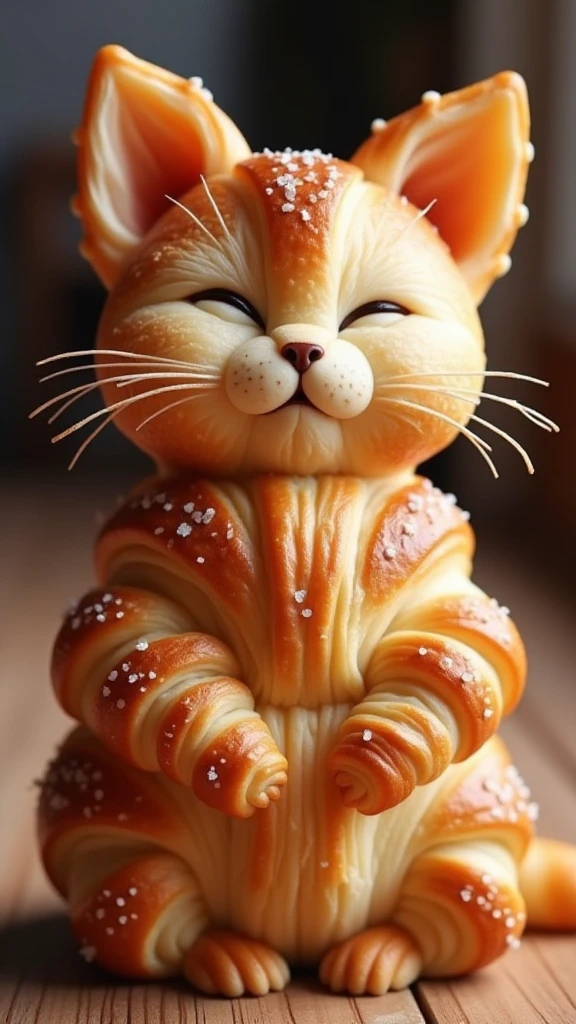 a whimsical croissant cat,realistic photo,