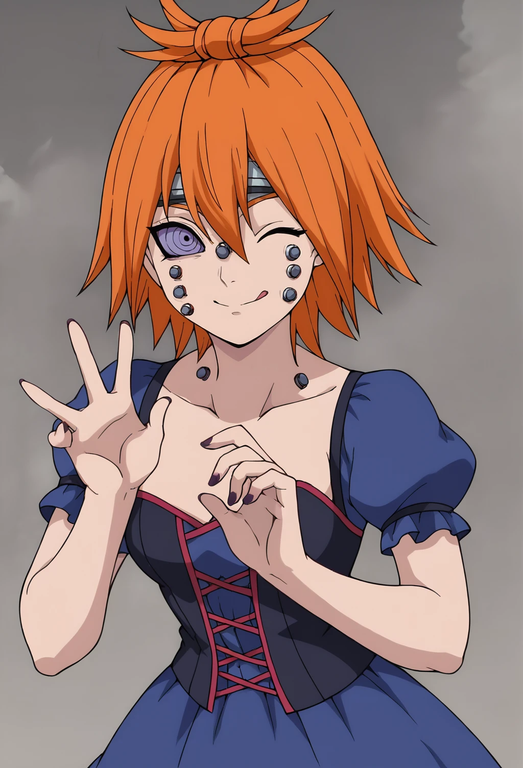 score_9, score_8_up, score_7_up, score_6_up, score_5_up, score_4_up, source_anime, screencap,, absurdres, best quality, masterpiece, , chikushodo, orange hair, ringed eyes, 3 piece of face piercing, hair between eyes, princess dress, looking at viewer, raised hand, dynamic pose, elegance, short, blue dress, corset, garter belt, dress, smile, ;b, happy, wink, tongue out, closed mouth, purple eyes, purple sclera, black nail polish<lora:EMS-465992-EMS:0.900000>