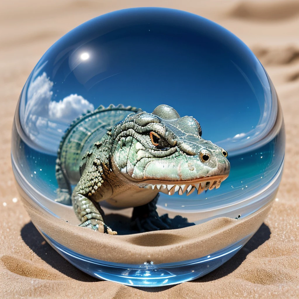 masterpiece, best quality, intricate photo, glass sphere with highly detailed crocodile in the sand, Background blue cloudy sky, hyper realistic, highly detailed, sharp focus, high resolution, 8K, <lora:GlassSphere_v12:0.3>