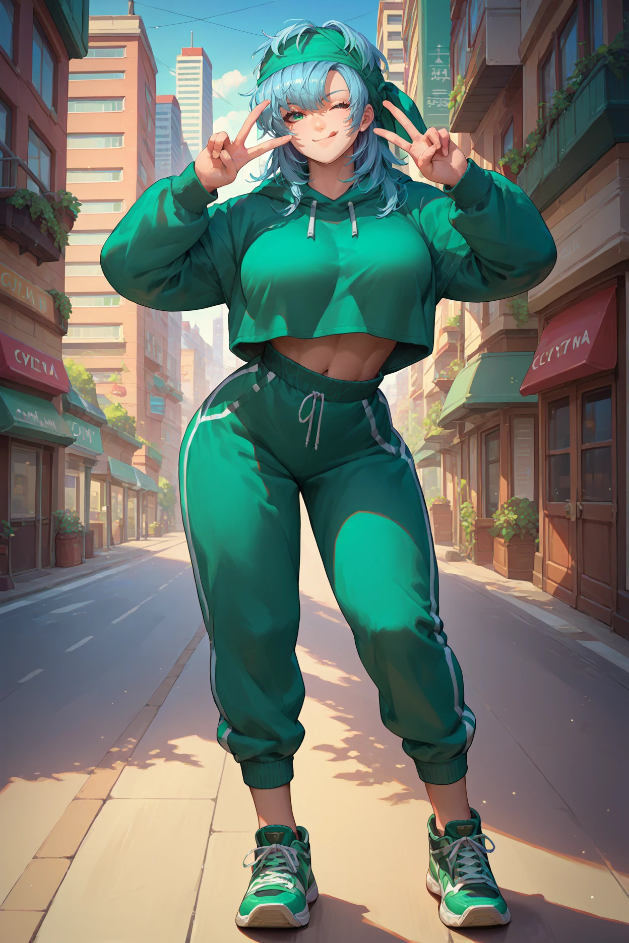 score_9, score_8_up, score_7_up, score_6_up, source_anime, 1girl, solo, <lora:feechidna-pdxl-nvwls-v1-000005:1> feechid, light blue hair, green eyes, green bandana, green hoodie, cyan pants, looking at you, sneakers, big breasts, wink, peace sign, tongue, smile, city, full body