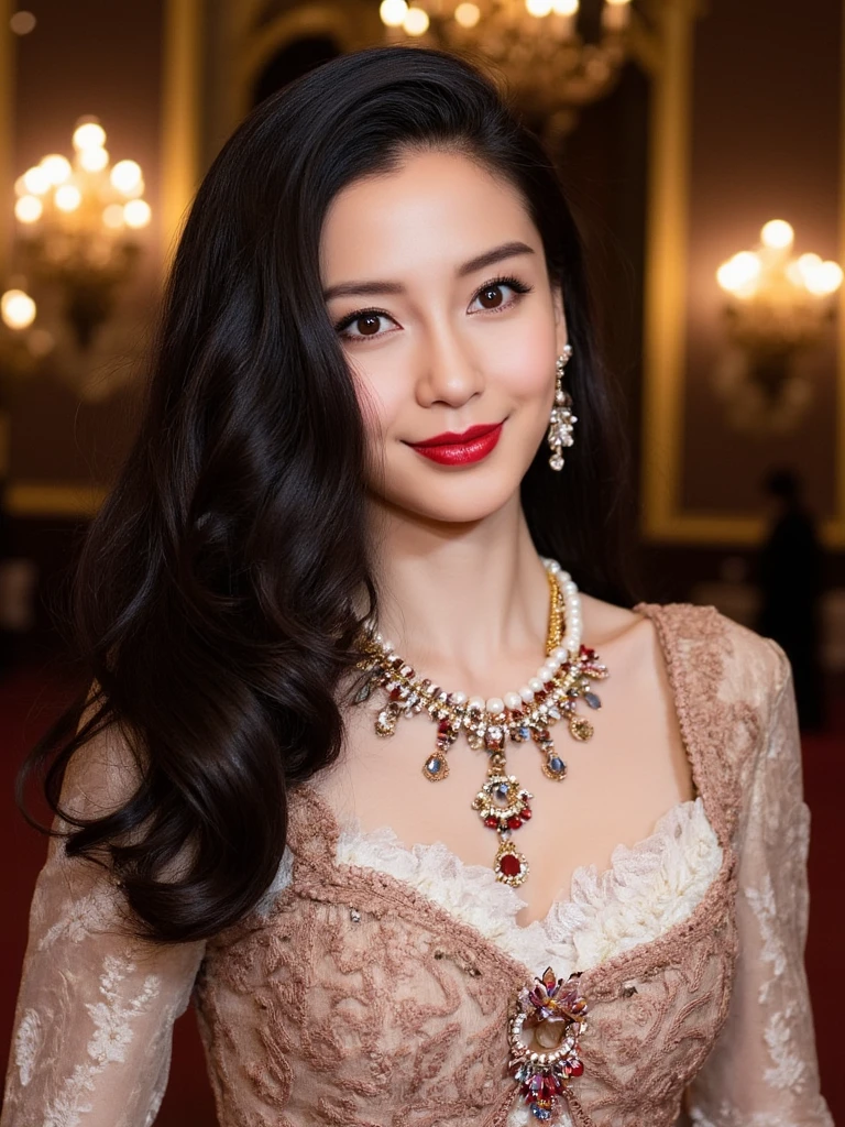 angelababy,
PH0383RG, In a captivating, high-definition close-up, the image showcases a striking woman with black hair cascading down her shoulders, her brown eyes sparkling with an intriguing gaze as they lock onto the viewer. The camera is angled slightly from below, emphasizing her chiseled jawline and full, luscious lips painted in a bold shade of red. She wears an exquisite Victorian-inspired outfit, complete with a corseted bodice adorned with intricate lace patterns and delicate pearls, and a long, flowing skirt that billows softly around her legs. A dazzling array of jewels and gemstones, including a large pendant necklace and a pair of matching earrings, accentuate her regal beauty. The scene is set in a dimly lit, opulent ballroom with grand chandeliers casting a warm, golden glow on the woman's elegant figure. The emotional tone of the image is one of confidence, allure, and an air of mystery that leaves the viewer captivated and spellbound.