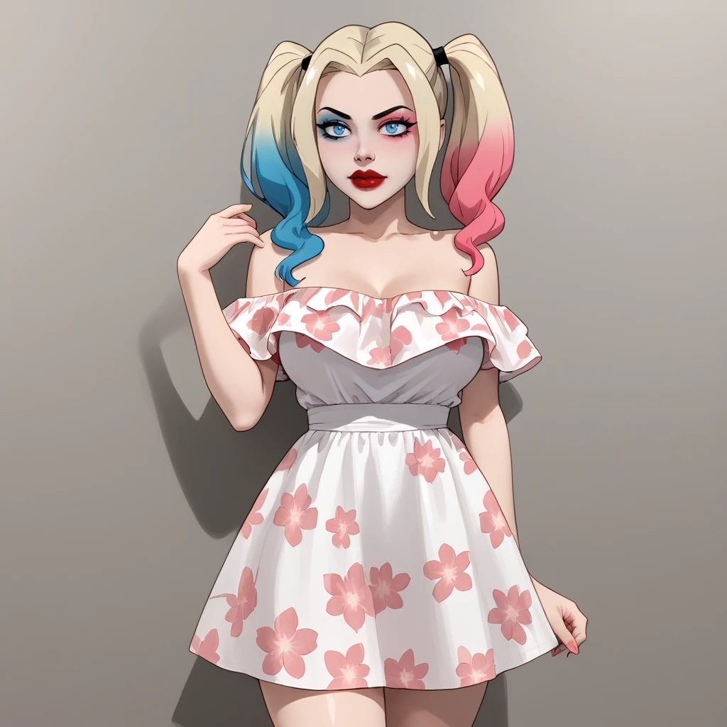 <lora:harleyquinncartoon_pony_v1:.75> HarleyQuinnCartoon, 1girl, solo, twintails, makeup,  blue eyes,  large breasts, lipstick,  eyeshadow,  blue blonde pink multicolored gradient hair, red lips,  pale skin, cowboy shot, <lora:floral_offshoulder_dress_v1.1-pony:1> off shoulder dress, floral print