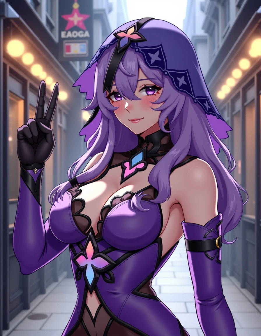 realistic woman is wearing purple, making victory sign with. The image has cinematic and dynamic composition <lora:8_bsw_bs1_32:1>