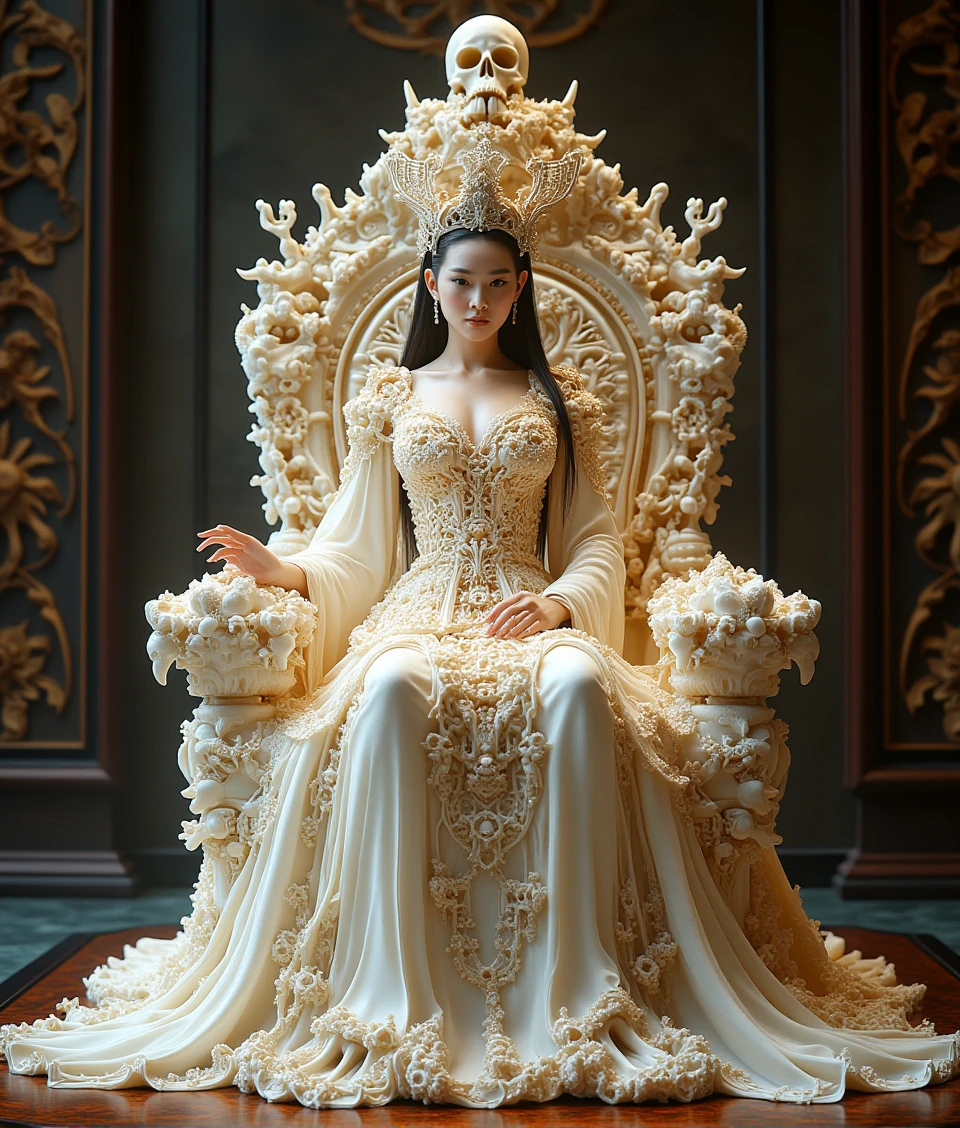 mechbone,a beautiful chinese queen wearing bone-made long dress,Sitting on a huge throne