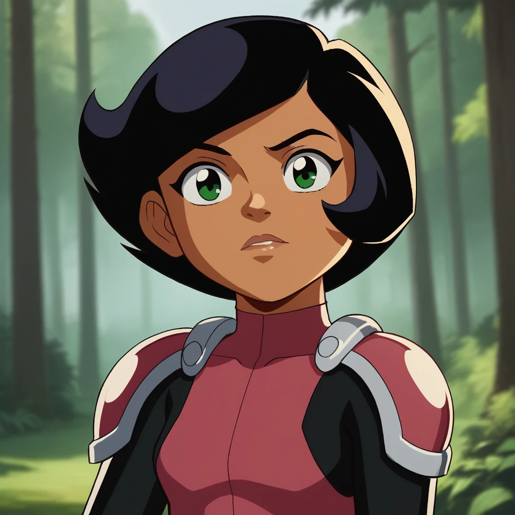 score_9_up, score_8_up, BREAK, 1girl, solo, Megan, black hair, short hair, green eyes, dark skin,  bodysuit,  shoulder pads, armor, upper body, <lora:Megan_SpieZ_PXL_Leaf4:0.8>, outdoors, depth of field, looking at viewer, forest,