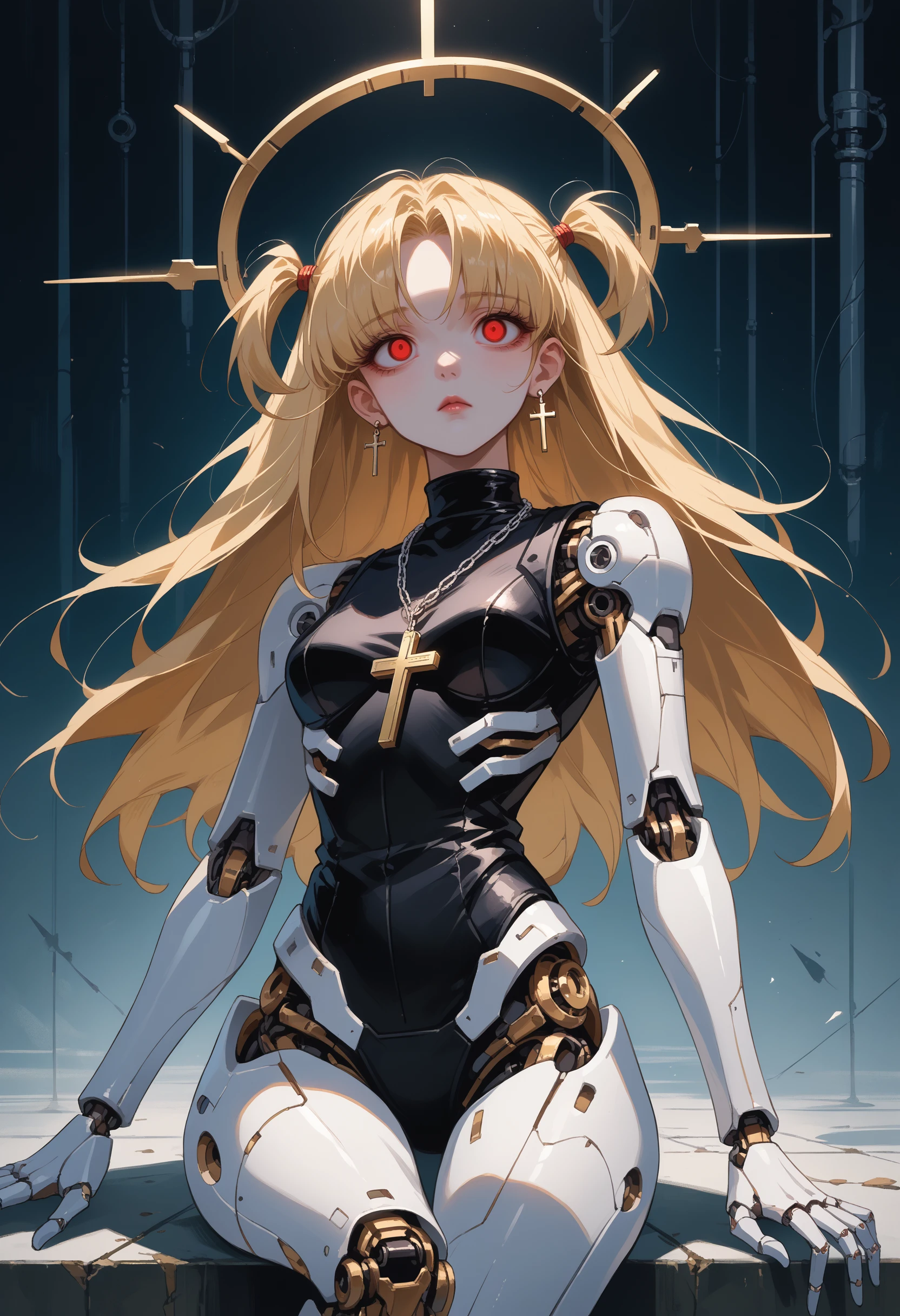 score_9, score_8_up, score_7_up, source_anime, <lora:wrenchDeathNoteAmaneMisa:1>, wrnchdnamanemisa, blonde hair, long hair, two side up, red eyes, solo, 
jewelry, necklace, cross necklace, earrings, 
android, robot humanoid, machine, mechanical hands, empty eyes, mechanical legs, mechanical_face, halo, expressionless, legs,