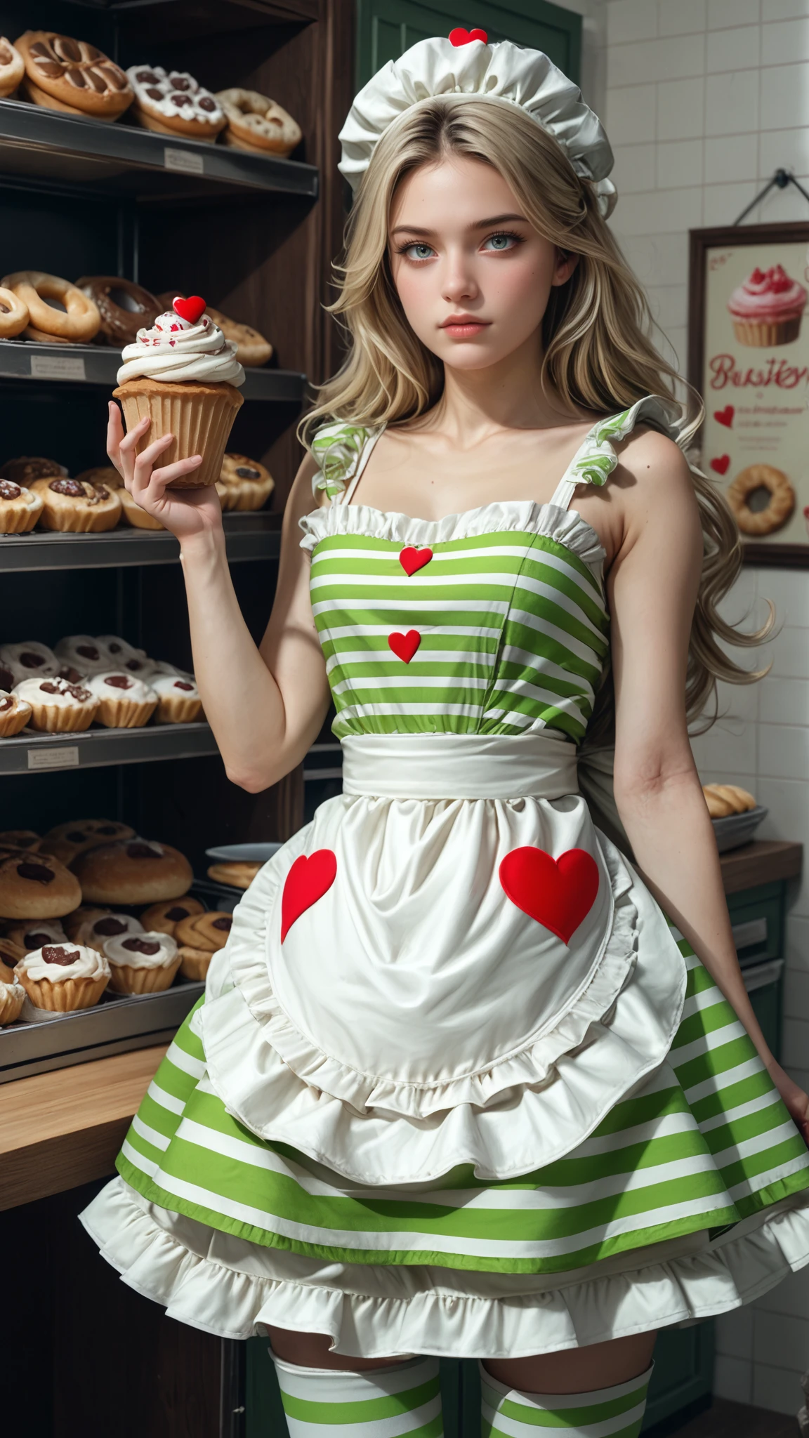 score_9, score_8_up, score_7_up, (reij-limehearted, white dress, green stripes, white ribbin, heart pattern, white stockings with green strips, platform shoes  <lora:reij-limehearted:0.9>), BREAK, PHOTOREALISTIC Face, PHOTOREALISTIC body, (masterpiece, best quality, hires, high resolution:1.2), (extremely detailed, realistic, intricate details, highres), 3d, 1 woman,blonde,updo, white ruffled headwear, bakery, detailed background,pastries, holding a muffin, upper body