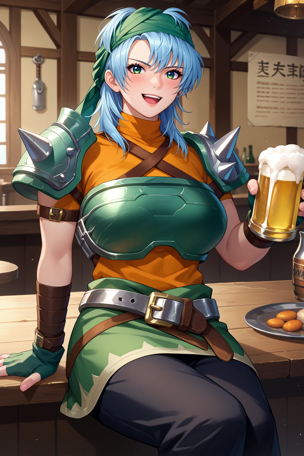 score_9, score_8_up, score_7_up, score_6_up, source_anime, 1girl, solo, <lora:feechidna-pdxl-nvwls-v1-000005:1> feechid, light blue hair, green eyes, green bandana, green armor, shoulder armor, breastplate, orange shirt, shoulder spikes, belt, green skirt, bracelet, green gloves, fingerless gloves, black pants, large breasts, looking at you, sitting, indoors, tavern, holding huge beer, happy, blush