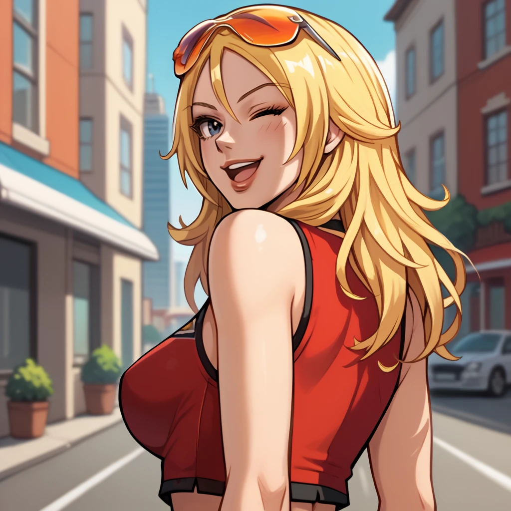 score_9, score_8_up, score_7_up, 1girl, solo, uncensored, agentstarr, smile, open mouth, from behind, upper body, looking back, one eye closed, wink, long blonde hair, eyewear on head, orange sunglasses, red sleeveless, crop top, outdoors, city, modern, street <lora:AgentStarrXL_v1.0:1>