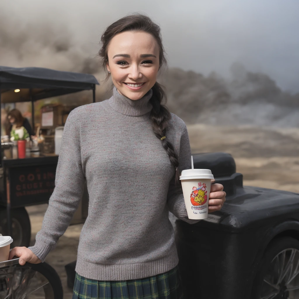 a professional absurdres sharp focus intricately detailed full (torso:1.2) photograph of a beautiful 1woman  (Danielle_Harris:1.1),
with a warm smile, 
wearing a plaid skirt with a turtleneck black sweater and 
light eye make-up, 
with a rainbow-colored long braided hairstyle,  
ordering a chaos monkey-flavored coffee at a street vendor's cart in a smoldering volcanic caldera,
<lora:Danielle_Harris-SDe14:0.8>