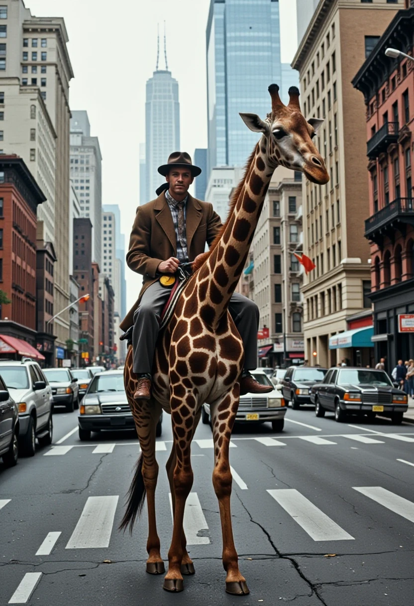 from the 1980's, a cinematic nature photograph of a man riding atop a giraffe on the streets of NYC