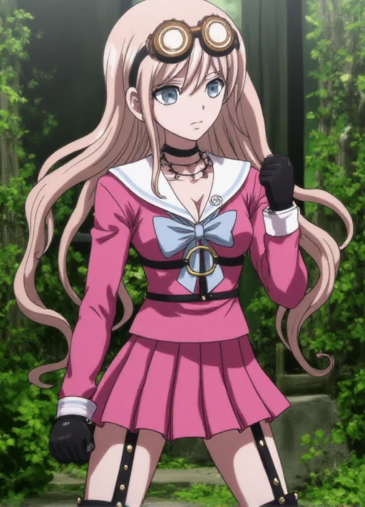 solo, <lora:Miu_Iruma_Flux_r1:1.1>,  <lora:Flux-Ghibli_Style-000004:1.05> In the style of Ghibli studios anime.    This is an anime screencap from Danganronpa 3.        Miu Iruma wearing her uniform from Danganronpa V3. Miu Iruma has waist-length strawberry blonde hair that flows in waves around her back, with two short locks of hair sticking up at the top of her head, sweeping to her right. Her bangs are long and wispy, swept somewhat to her left. She has ice-blue eyes. Her head accessories consist of a pair of brown goggles with gold accents. Miu wears a modified, long-sleeved, dark pink seifuku uniform with a white sailor collar and sleeve cuffs, both striped with a single faded pale blue line, a faded pale blue bow tied at her collar. Her chest cover is noticeably missing, her cleavage exposed. A crest can be found in black printed at the shoulders of her sleeves. She wears a short, dark pink pleated skirt the same color as her uniform, vertically striped off-white knee-high socks, and black heeled boots accented with gold buckles, studs, and buttons. Her accessories include a black choker, two rubber collars that resemble barbed wire, black fingerless gloves studded with silver, a pin of the mouse mascot from Niko Niko Happy on her collar, black straps connected with gold studs wrapping her left upper arm, and black straps studded with gold linked with gold rings around her torso and legs. Her long black boots reach nearly up to her knees.       The background of the image is very overgrown with vines and trees. There is an old stone and concrete building in the background and there are some leaves and branches in the foreground. Both her hands are clenched into fists.