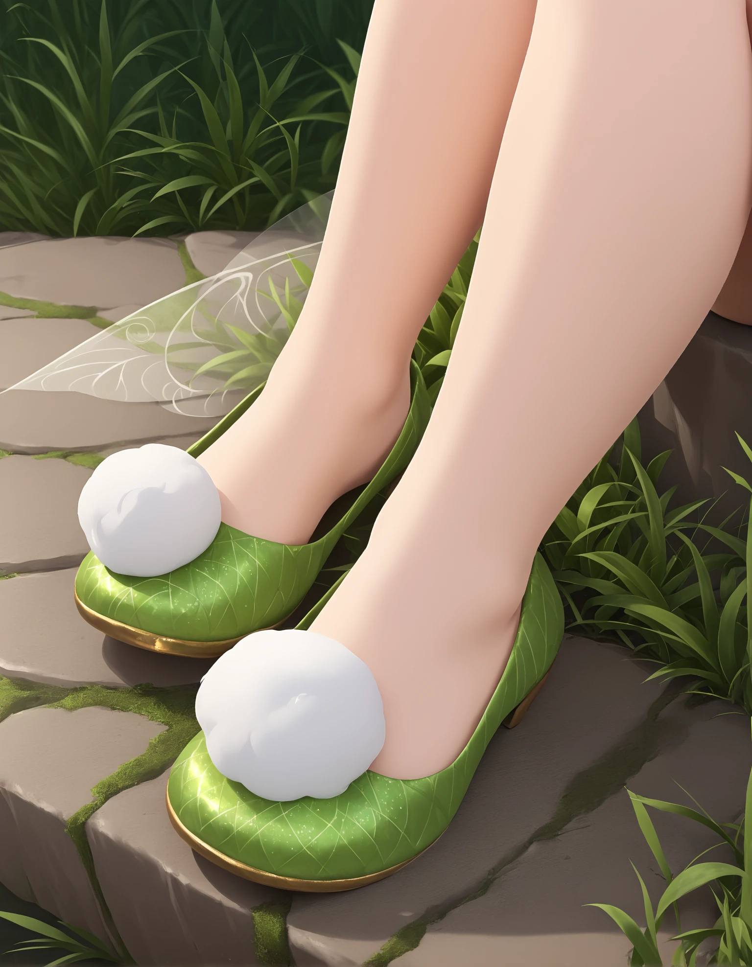 1girl, 
Tinkerbell, Fairy, Fairy wings,
sitting,
foot focus,
outdoors,
(t1nk shoes),
embedding:zPDXL2 ,