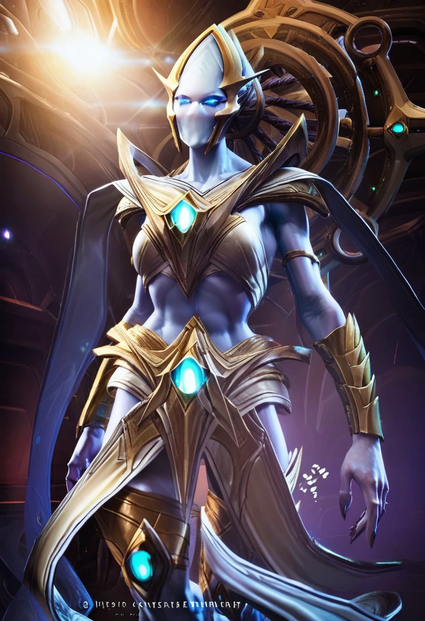 Rohana,1girl,solo,protoss girl,no mouth,no nose,no ears,elongated head,glowing eyes,alien girl,blue eyes,armor,colored skin,pauldrons,braids,vambraces,gold armor,helmet,pelvic curtain,breastplate,large breast,sexual pose,dat ass,ass focus, spaceship, score_9, score_8_up, score_7_up, beautiful aesthetic, very intricate, high quality details,vibrant, highly detailed, award-winning, professional,anime artwork, anime style, studio anime, athletic, toned female,muscular milf,curvy body, athletic girl,fit girl, ,looking at viewer, pinup pose,teasing, dynamic lighting, cinematic, smug, better than you, aura of temptation, highly detailed, high resolution, masterpiece, detailed clother, detailed background, highly detailed, ((sound effects)) comic layout,