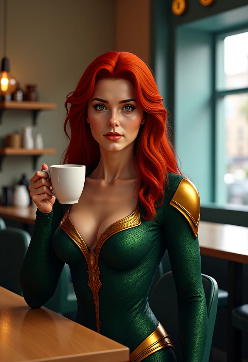 mera from aquaman movie, full body shot,  SETTING IN A CAFE drinking coffee. looking to the viewers. M3RA <lora:FLUX_M3RA_LoRA-000004:1>