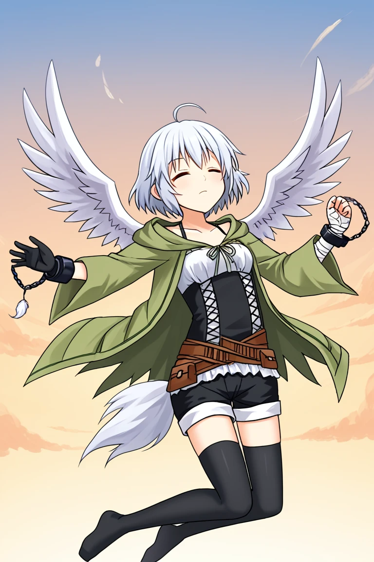 1girl, solo, rainaygo, duel monster, white hair, short hair, ahoge, closed eyes, green robe, open robe, hooded robe, corset, brown belt, black shorts, black thighhighs, single glove, shackles, bandaged arm, white wings, floating, sky, falling, falling feathers, cowboy shot