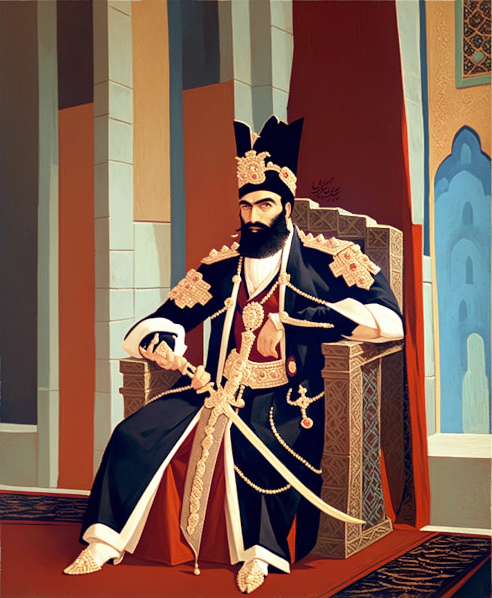 <lora:Safavid _pony_v1:1> qajar dynasty \(period\),persian \(style\),portrait \(genre\),a painting of a man with a beard sitting on a throne holding a sword, score_9, score_6_up, score_7_up