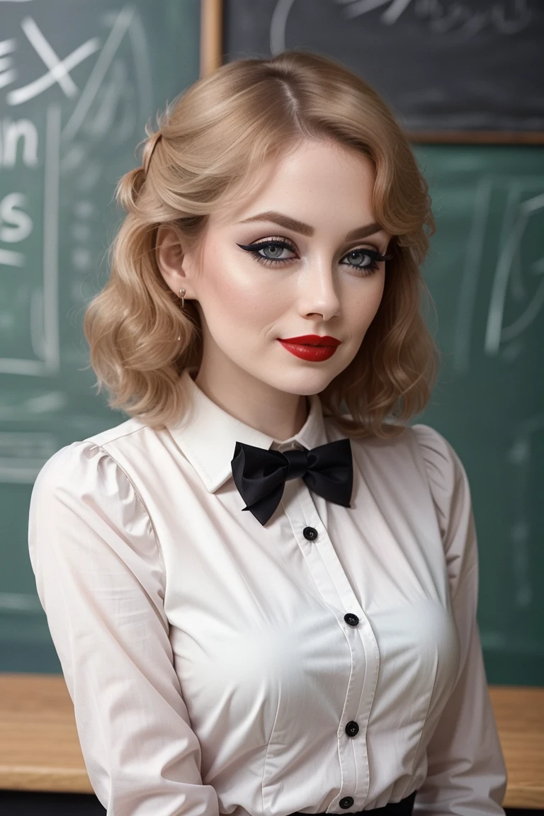 <lora:dianpark-10:0.6>, dianpark,, a photo of a woman, ((red lipstick, blush, eyeliner, eye shadow, pale skin)), ((masterpiece, best quality, extremely detailed, high resolution)), ((detailed eyes, detailed face):1.2), classroom, bow tie, skirt, thighhighs, chalkboard, shirt, slight smile