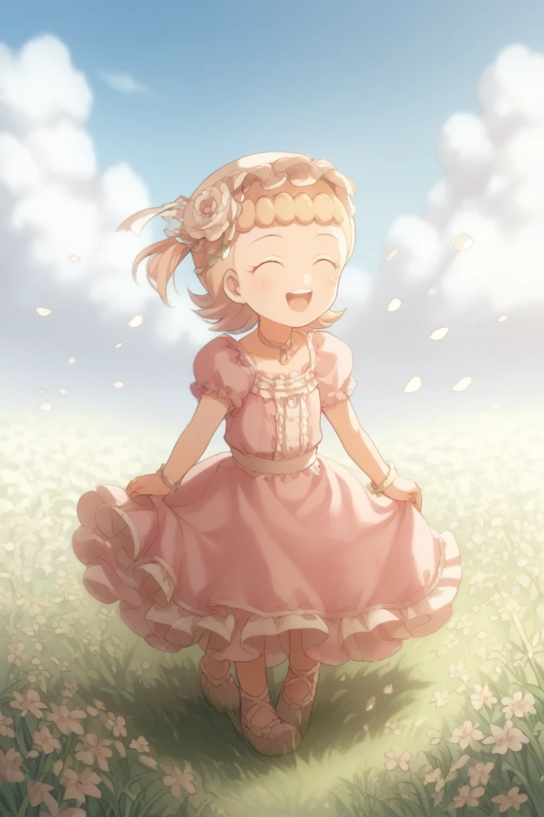 score_9,score_8,score_7, porochaStyle, 1girl, pink dress, white polka dots, twirling, grass, field, flowers, happy, clear blue sky