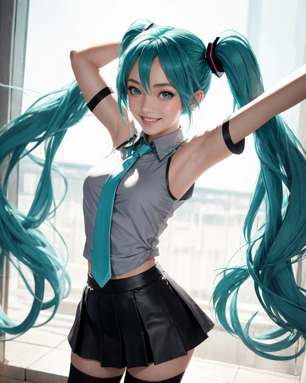 solo,1girl,hatsune miku,light smile,looking at you,standing,[cross-body stretch],[stretching],aqua hair,twintails,aqua eyes,grey shirt,sleeveless shirt,aqua necktie,black sleeves,detached sleeves,black skirt,black thighhighs,, ,<lora:GoodHands-vanilla:1.2>,masterpiece, best quality, no default,