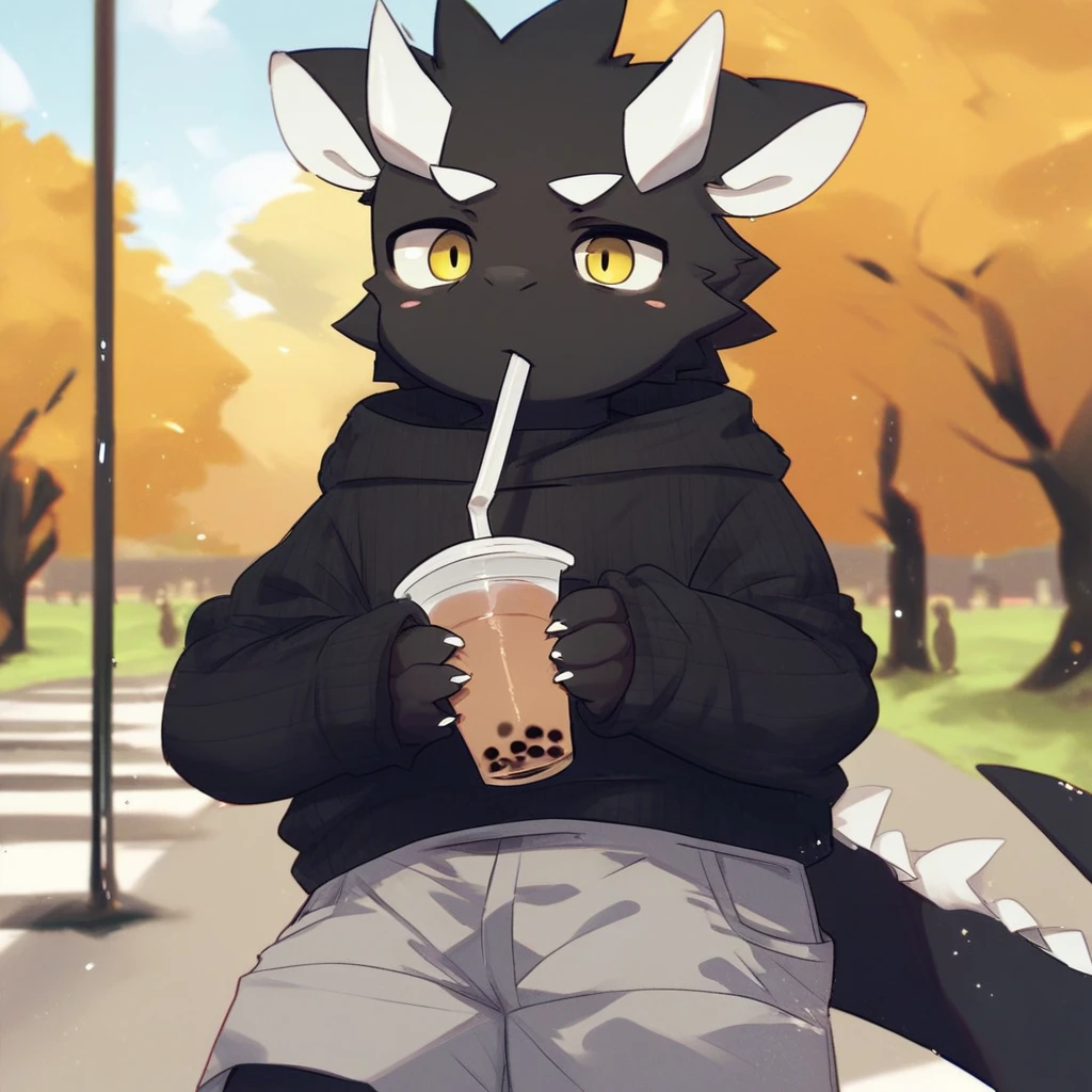 score_9_up, score_8_up, score_7_up, source_furry, mikus-monu__, black dragon, black body, white horns, yellow eyes, park, holding, bubble tea, black sweater, gray shorts, 1boy, solo