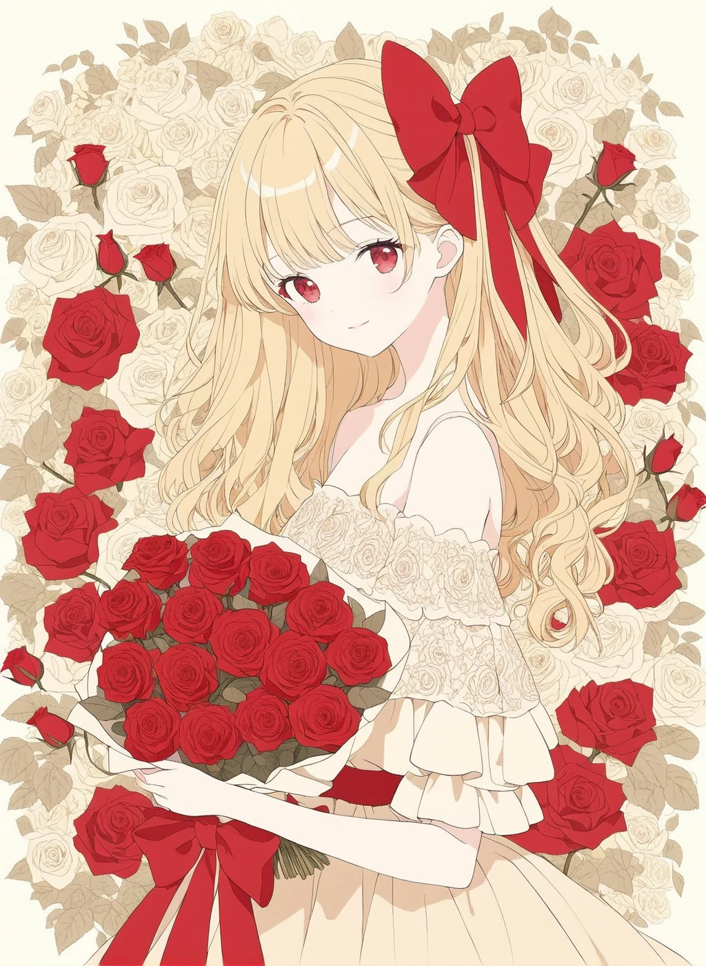 <lora:Potaletta:1> potaletta, 1girl, long blonde hair, red eyes, big bow, off-shoulder dress, frills, holding bouquet, roses, red flowers, floral background, soft smile, delicate details, vintage style, soft colors, intricate design,  elegant, from side