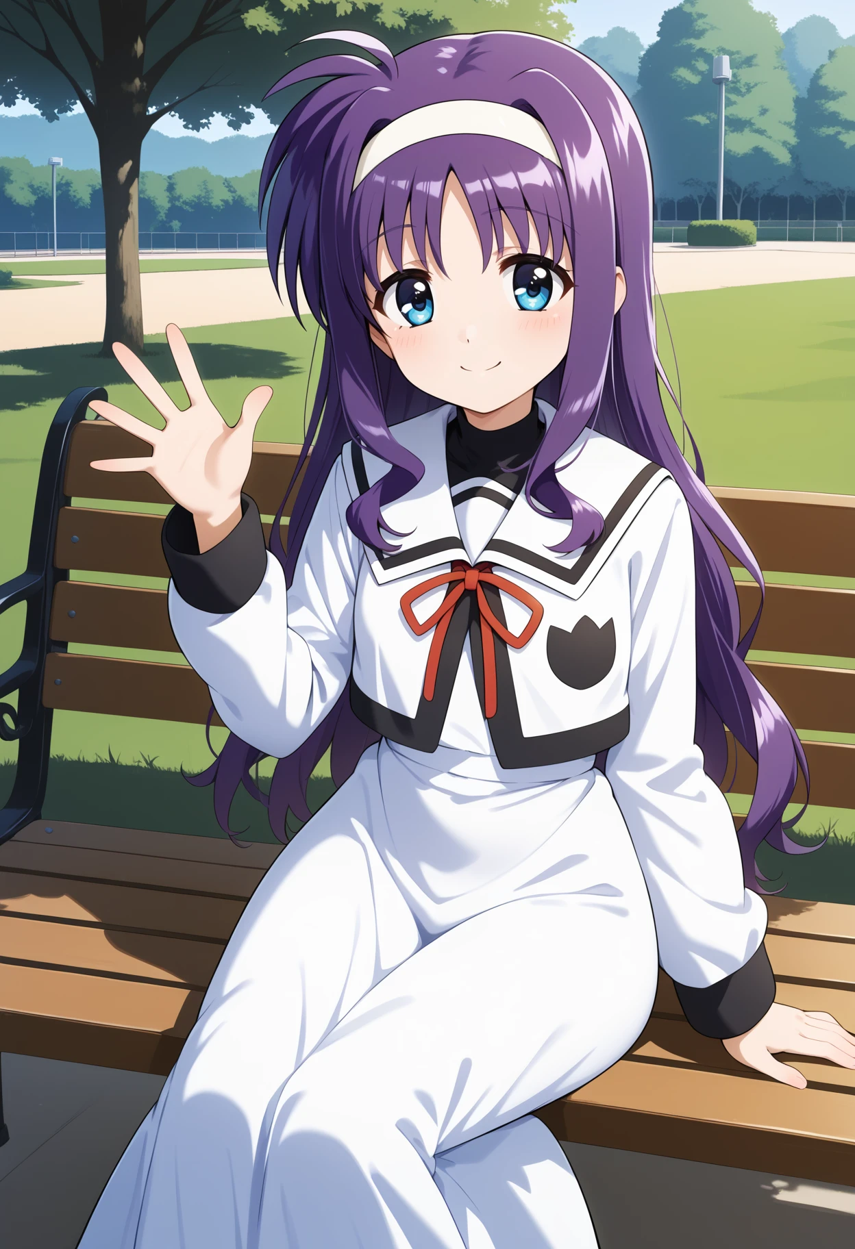 score_9, score_8_up, score_7_up, score_6_up, score_5_up, score_4_up, source_anime, aasuzuka, long hair, purple hair, white hairband, blue eyes, small breasts, school uniform, sailor collar, neck ribbon, white shirt, sailor dress, long dress, long sleeves, <lora:tsukimura_suzuka_ponyxl_v1:0.9>, sitting, waving, smile, bench, park,