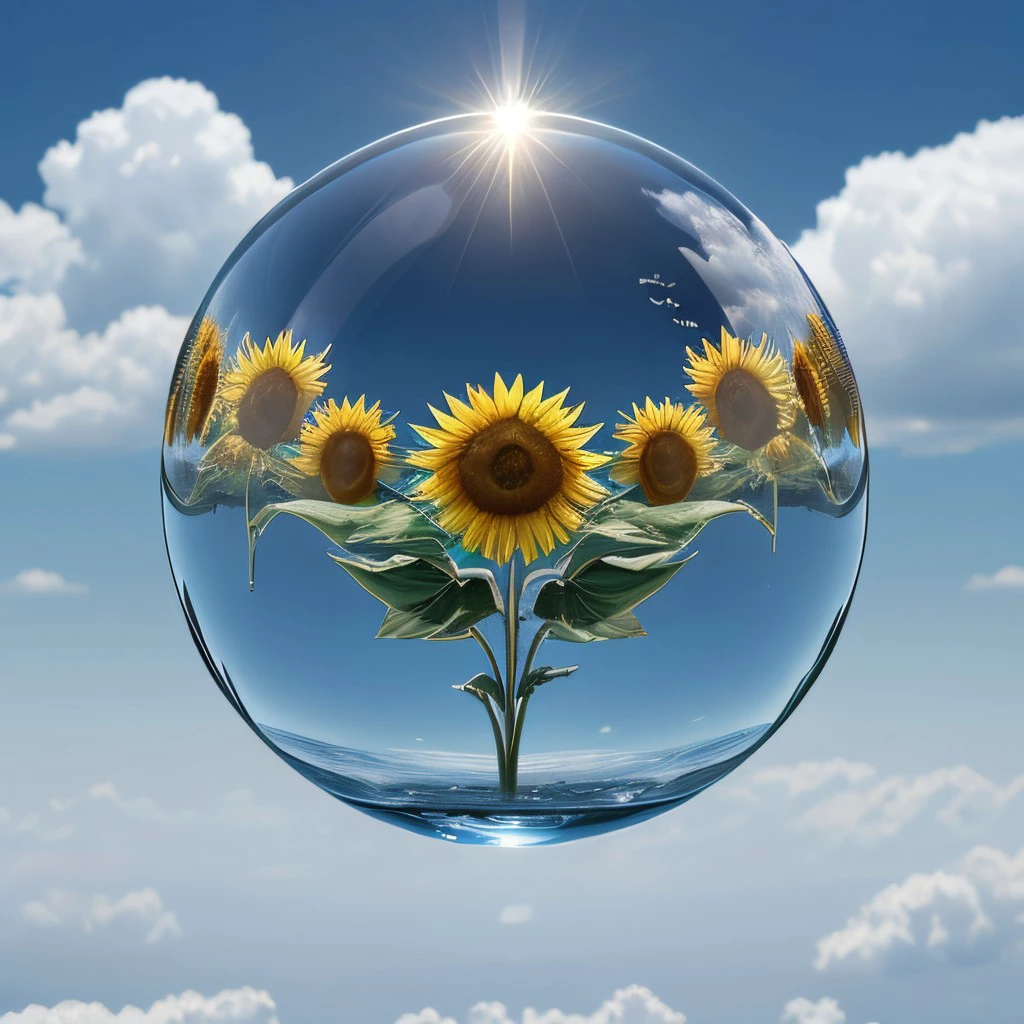 masterpiece, best quality, intricate photo, floating one meter over a field of sunflowers glass sphere with sunflowers, Background blue cloudy sky, hyper realistic, highly detailed, sharp focus, high resolution, 8K, <lora:GlassSphere_v12:0.3>