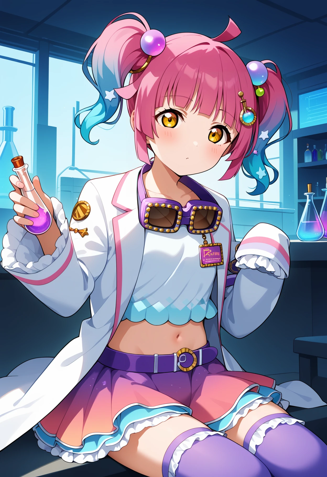 score_9, score_8_up, score_7_up, score_6_up, score_5_up, score_4_up, source_anime, bbrina, gradient hair, pink hair, short twintails, ahoge, hair ornament, yellow eyes, small breasts, goggles around neck, frills, shirt, white coat, open coat, long sleeves, sleeves past wrists, midriff, purple belt, frilled skirt, layered skirt, purple thighhighs, <lora:tennoji_rina_ponyxl_v1:0.9>, indoors, laboratory, flask, sitting,