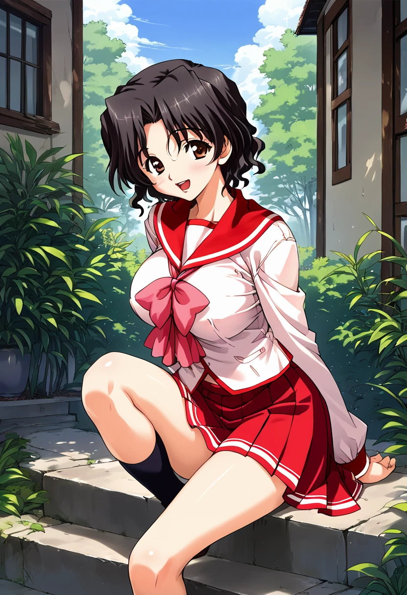 score_9, score_8_up, score_7_up, source_anime BREAK 1girl, solo, <lora:toheart_haruka:1>, toheart_haruka, (2000s\(style)\:0.5), school uniform, serafuku, red sailor collar, pink bowtie, long sleeves, red skirt, mini skirt, legs, large breasts, black hair, wavy hair, short hair, parted bangs, brown eyes, looking at viewer, smile, open mouth, school