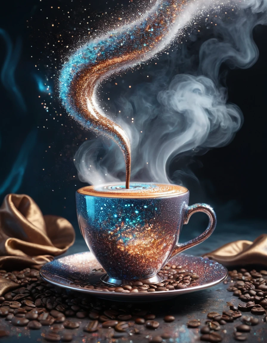 <lora:103_novuschroma_1:1> cup of coffee with swirling steam novuschroma style glitter